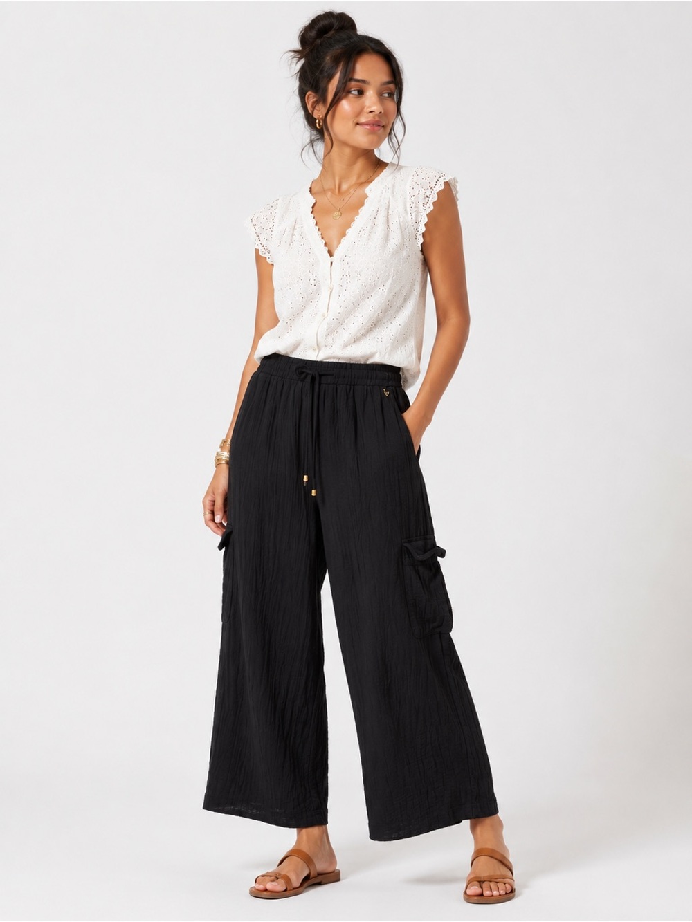 Betsey Johnson Black Cotton Gauze Cargo Wide Leg Pants Boho Beach Size Large